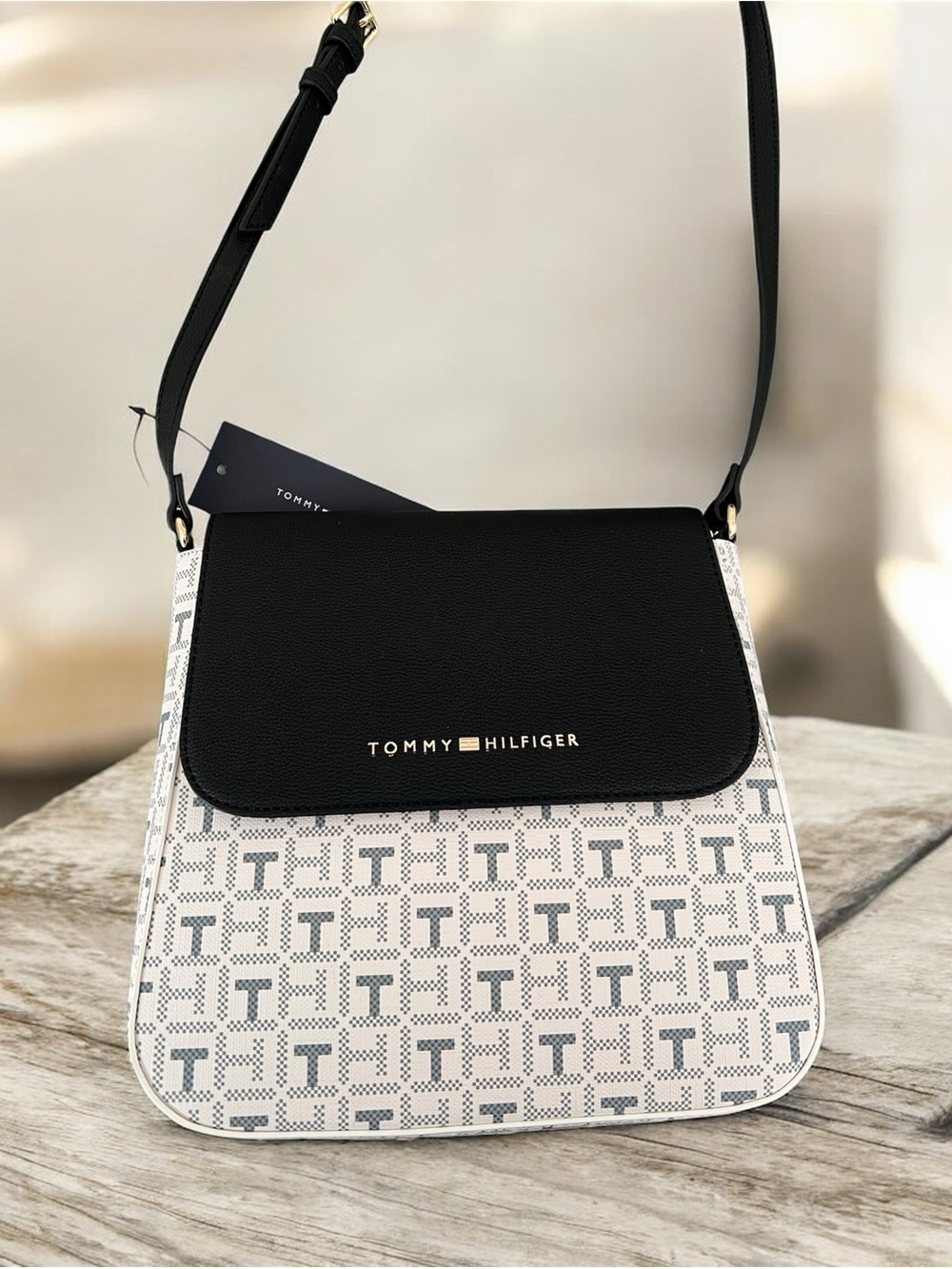 Tommy Hilfiger Black & White Logo Print Crossbody Bag
